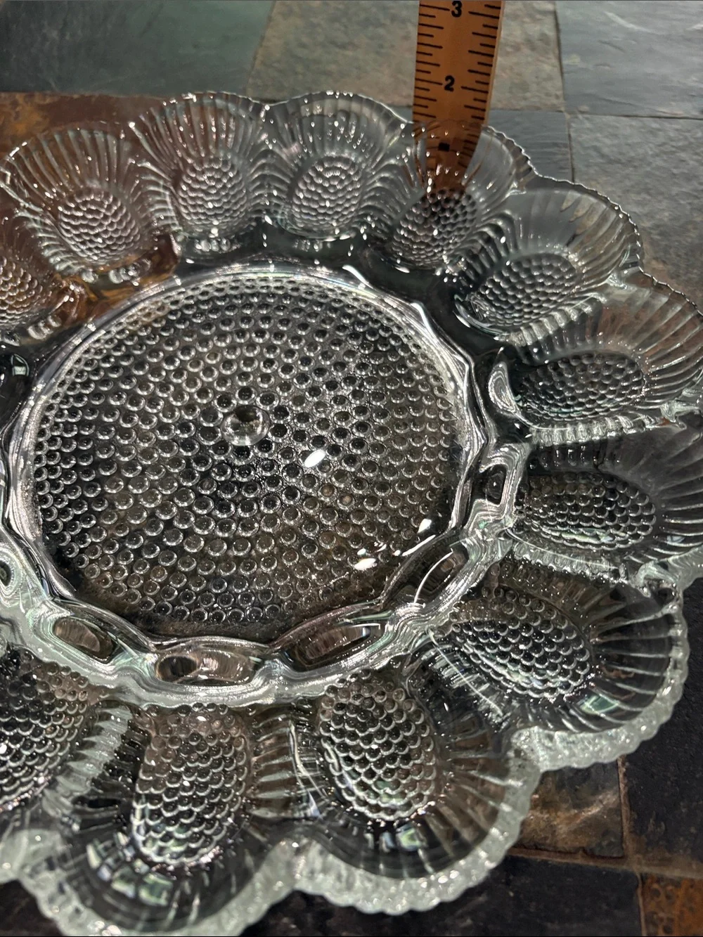 Vintage Hob Knob Glass Decorative Deviled Egg Platter, Elegant Petal Design